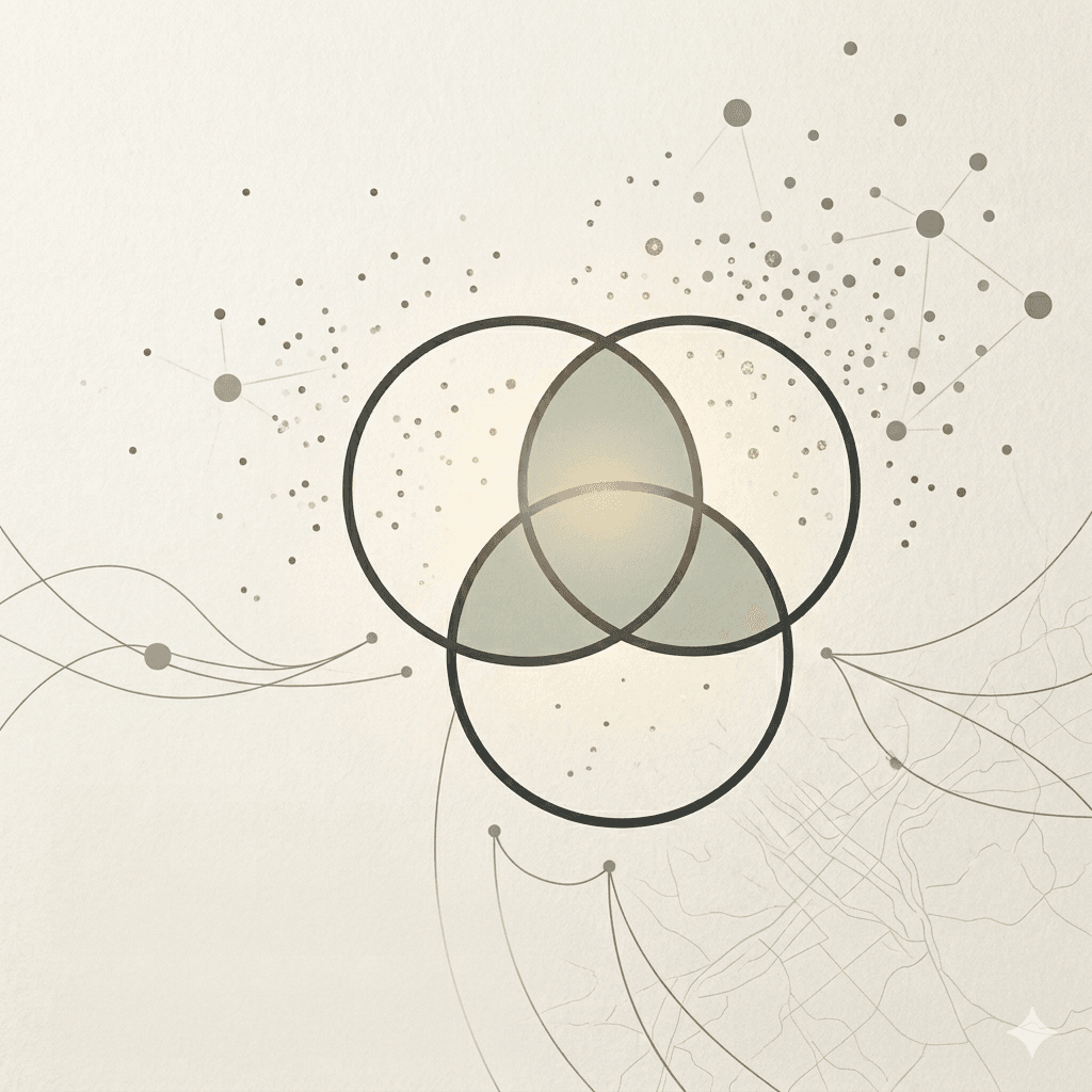 Abstract illustration of three overlapping circles with a warm glow at the centre, surrounded by connected nodes and flowing lines.